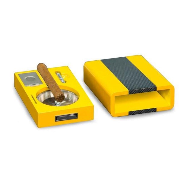 Bey Berk International Bey-Berk International  Carbon Fiber Cigar Ashtray & Cutter with Punch - Yellow - C317