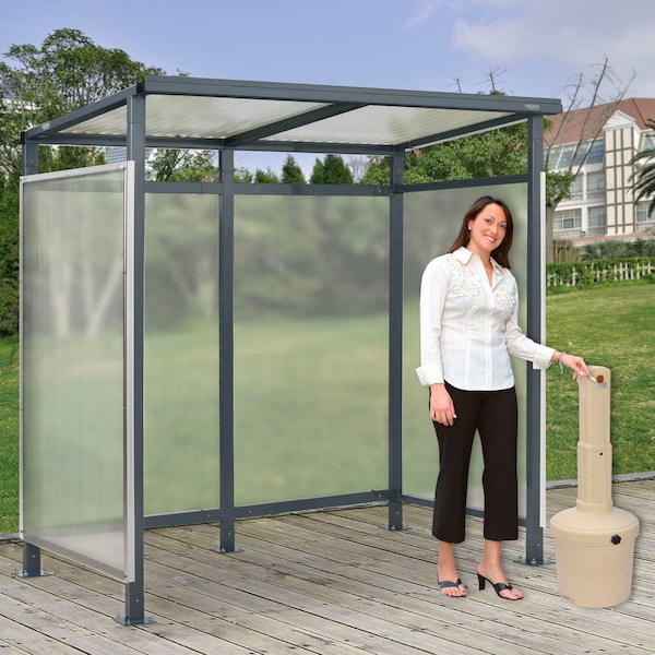 Global Industrial Bus Smoking Shelter Flat Roof 3-Side Beige 5 Gal. Ashtray 6ft5in x3ft8in x7ft - 493404BGP