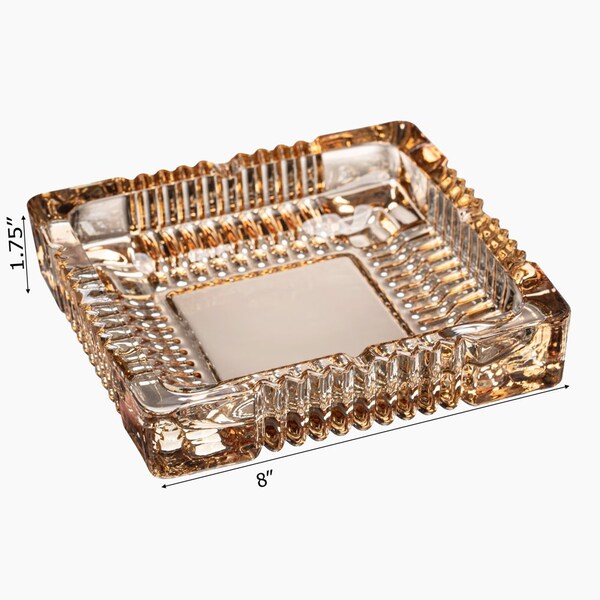 Basicwise Luxury Large Glass Ashtray with 4 Slots for Cigarettes and Cigars, Transparent Square Design for - QI004717
