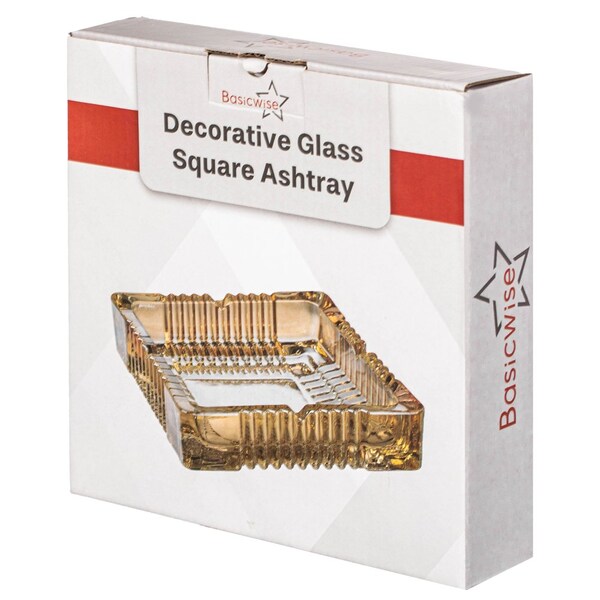 Basicwise Luxury Large Glass Ashtray with 4 Slots for Cigarettes and Cigars, Transparent Square Design for - QI004717