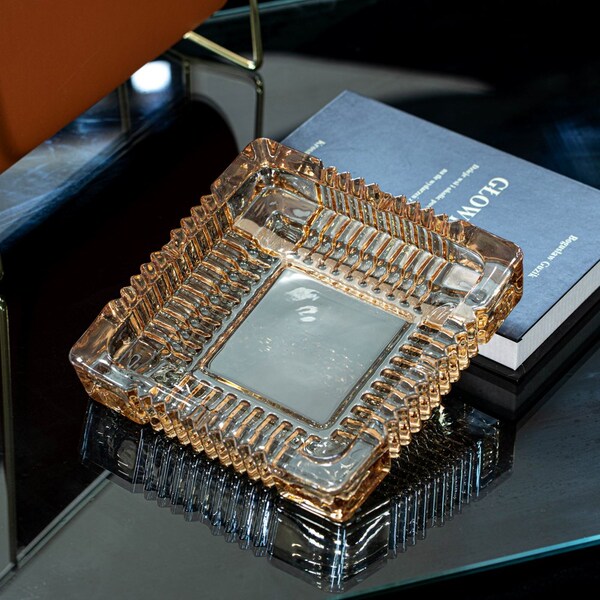 Basicwise Luxury Large Glass Ashtray with 4 Slots for Cigarettes and Cigars, Transparent Square Design for - QI004717