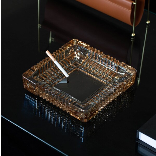Basicwise Luxury Large Glass Ashtray with 4 Slots for Cigarettes and Cigars, Transparent Square Design for - QI004717