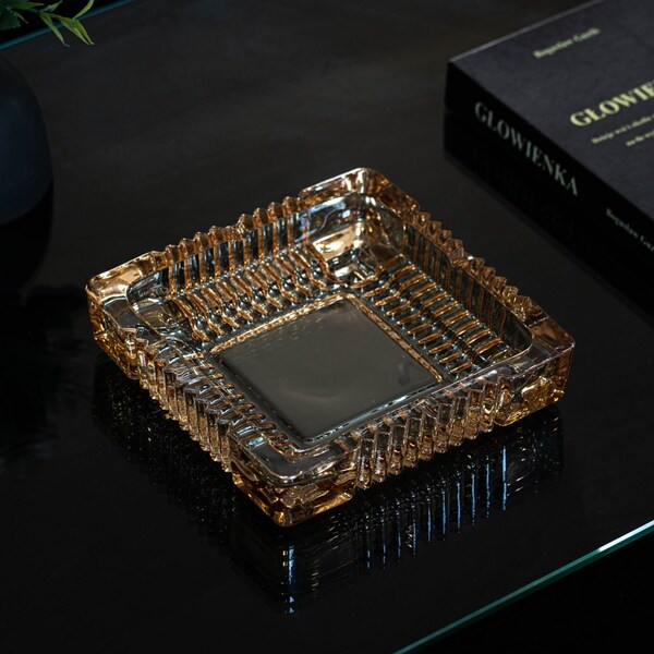 Basicwise Luxury Large Glass Ashtray with 4 Slots for Cigarettes and Cigars, Transparent Square Design for - QI004717