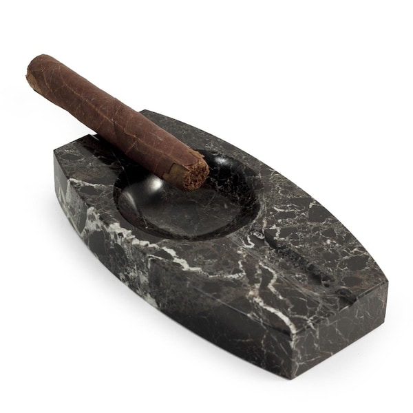Bey Berk International Bey-Berk International  Oval Two Cigar Marble Ashtray, Black Zebra - C305