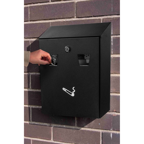 Alpine Industries Outdoor Wall-Mounted Cigarette Butt Disposal Receptacle with Removable Ashtray Bin in Black - ALP490-01-BLK-MK