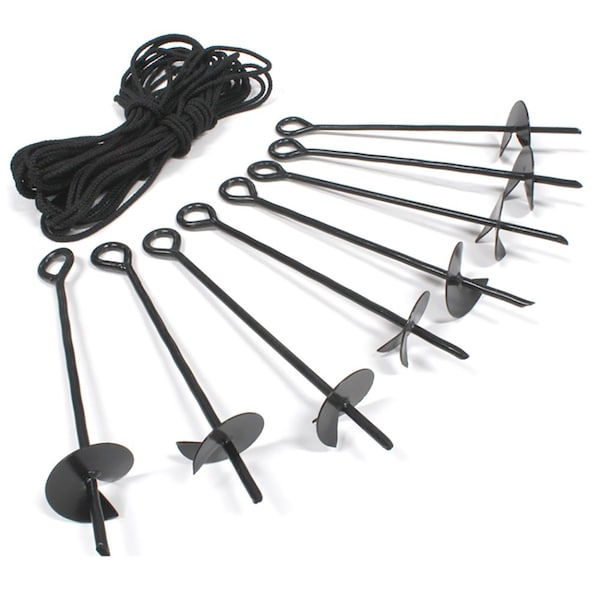 King Canopy 8-Piece Ground Anchor Kit, 15in Steel Powder Coated, Auger Style w/80 feet of Rope, Black - A8200