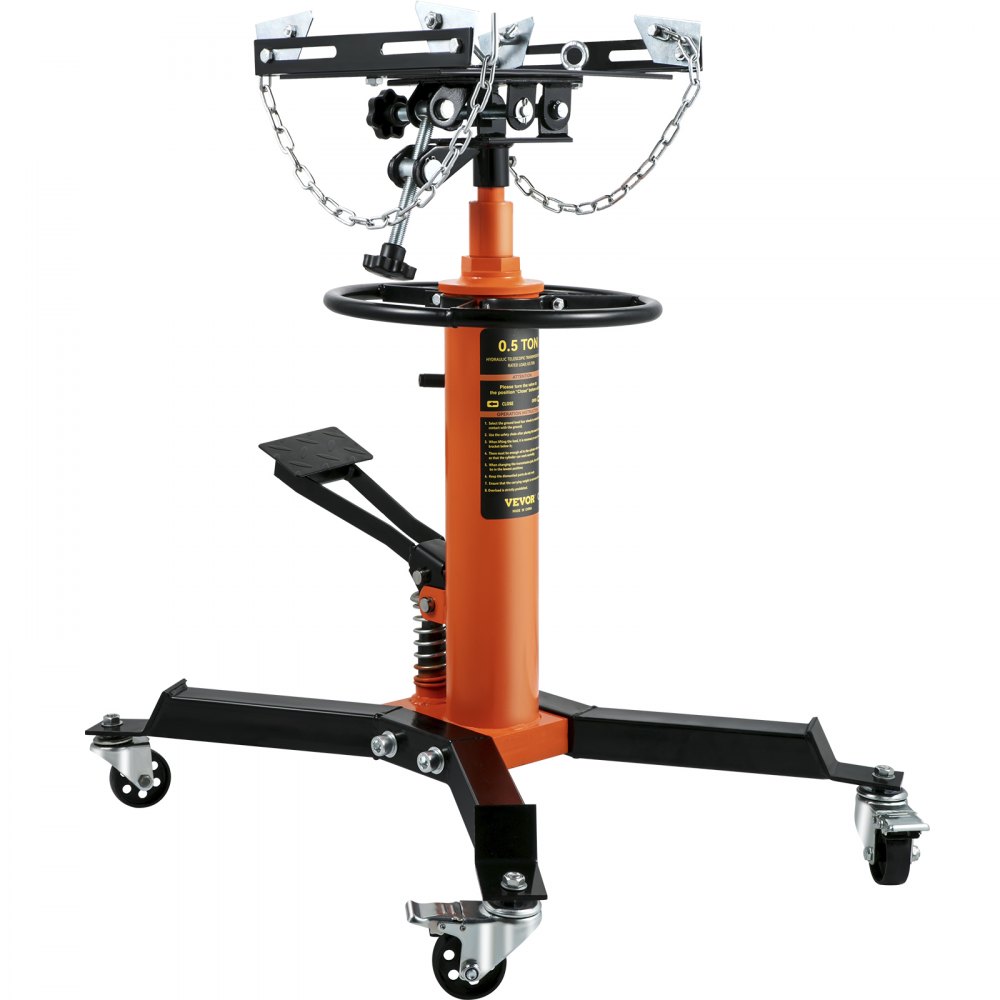 VEVOR Transmission Jack, 1/2Ton/1100lbs Capacity Hydraulic Telescopic Transmission Jack, 2-Stage Floor Jack Stand with Foot Pedal, 360° Swivel Wheel, Garage/ Shop Lift Hoist, Orange - MSDGYYCDQJ05TZ25VV0