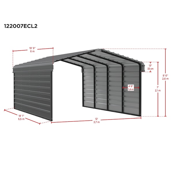 Arrow Storage Products Galvanized Steel Carport, W/ 2-Sided Enclosure, Compact Car Metal Carport Kit, 12'x20'x7', Eggshell - CPH122007ECL2