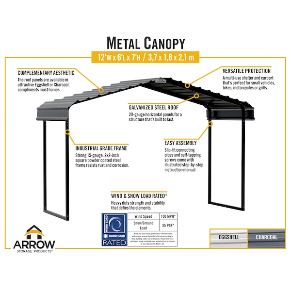 Arrow Storage Products Metal Canopy 12x6x7 ft. Charcoal - CPHC120607DS