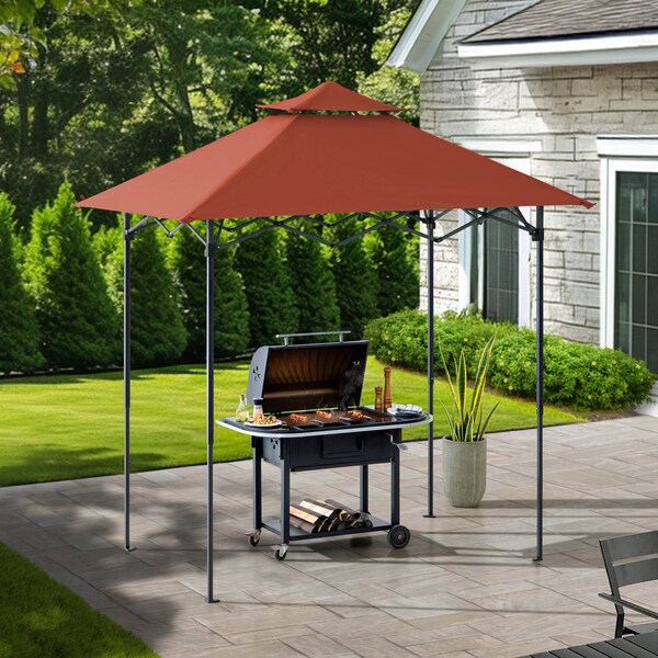 Sunjoy 8ft x 5ft Double Roof Red Pop up Grill Gazebo with Portable Bag and Removable Remote Control Light - A103006112