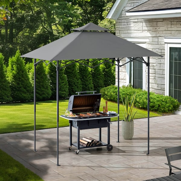 Sunjoy 8ft x 5ft Double Roof Grey Pop up Grill Gazebo with Portable Bag and Remote Control Light - A103006111
