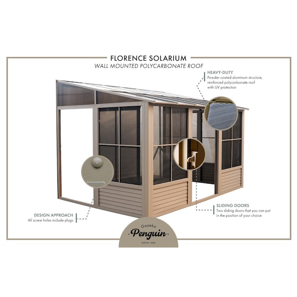 Gazebo Penguin Florence Wall Mounted Solarium 10x16 Polycarbonate Roof - W1610-12