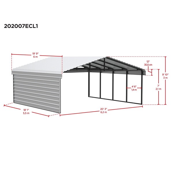 Arrow Storage Products Galvanized Steel Carport, W/ 1-Sided Enclosure, Compact Car Metal Carport Kit, 20'x20'x7', Charcoal - CPHC202007ECL1