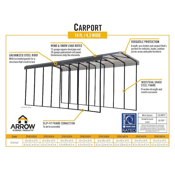 Arrow Storage Products Arrow Carport, 14x38x14, Charcoal - CPHC143814