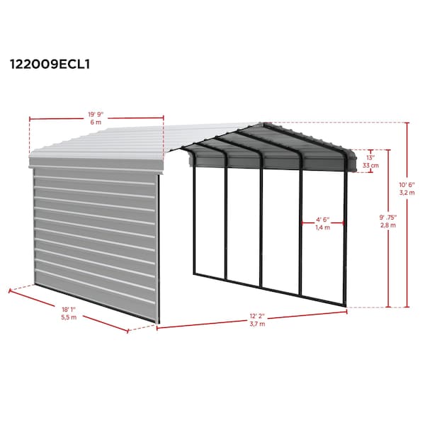 Arrow Storage Products Galvanized Steel Carport, W/ 1-Sided Enclosure, Compact Car Metal Carport Kit, 12'x20'x9', Eggshell - CPH122009ECL1