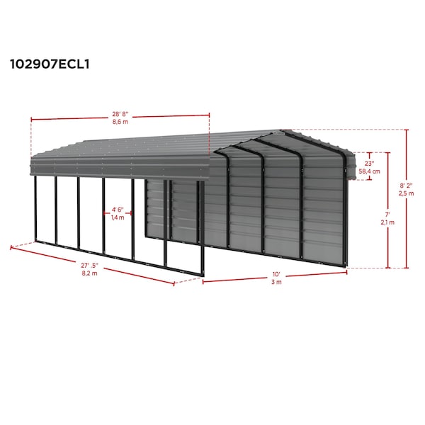Arrow Storage Products Galvanized Steel Carport, W/ 1-Sided Enclosure, Compact Car Metal Carport Kit, 10'x29'x7', Eggshell - CPH102907ECL1