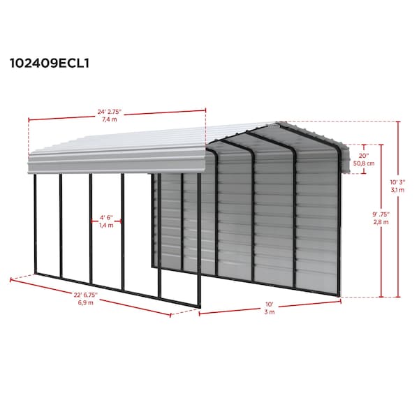 Arrow Storage Products Galvanized Steel Carport, W/ 1-Sided Enclosure, Compact Car Metal Carport Kit, 10'x24'x9', Eggshell - CPH102409ECL1