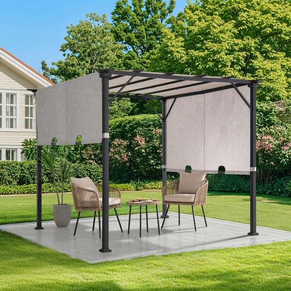 Sunjoy 9 ft x 9 ft Pergola, Outdoor Patio Pergola with Retractable White Canopy Shade, Light Gray - A106005560