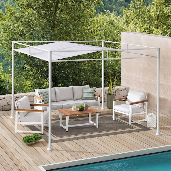 Sunjoy 10 ft x 10 ft Darkeford Metal Pergola with White Sling Fabric Canopy - A106024801