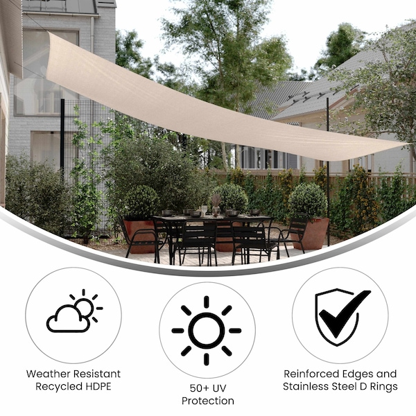 Flash Furniture Palmetto 20ft Rectangle Sun Sail Shade Canopy with Included Nylon Attachment Ropes in Sand - GM-WL-SS22003-5-SAND-GG