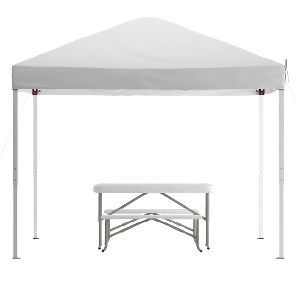 Flash Furniture White Pop Up Canopy Tent and Folding Bench Set - JJ-GZ10103-WH-GG