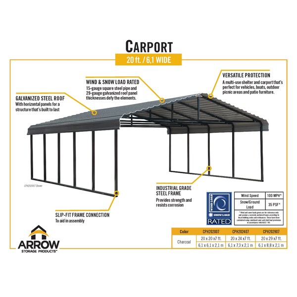 Arrow Storage Products Arrow Carport, 20x20, Charcoal - CPHC202007
