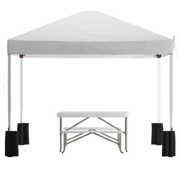 Flash Furniture White Pop Up Canopy Tent and Folding Bench Set - JJ-GZ10PKG103-WH-GG