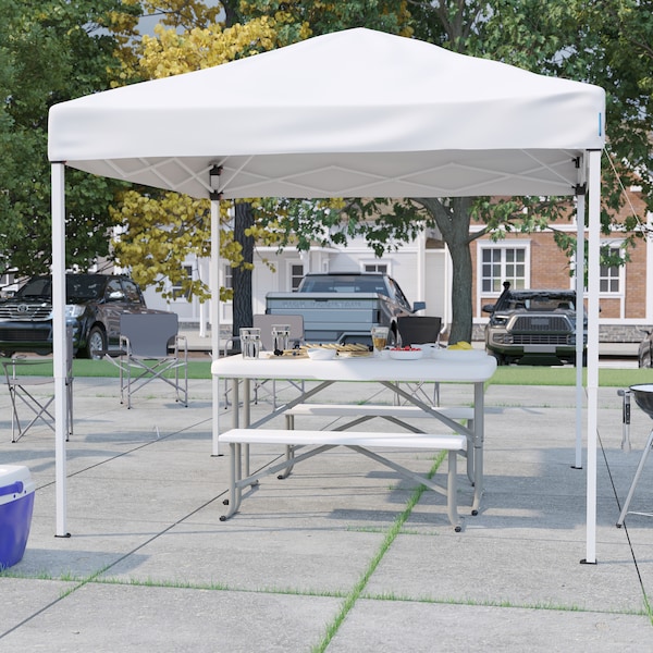 Flash Furniture White Pop Up Canopy Tent and Folding Bench Set - JJ-GZ88103-WH-GG