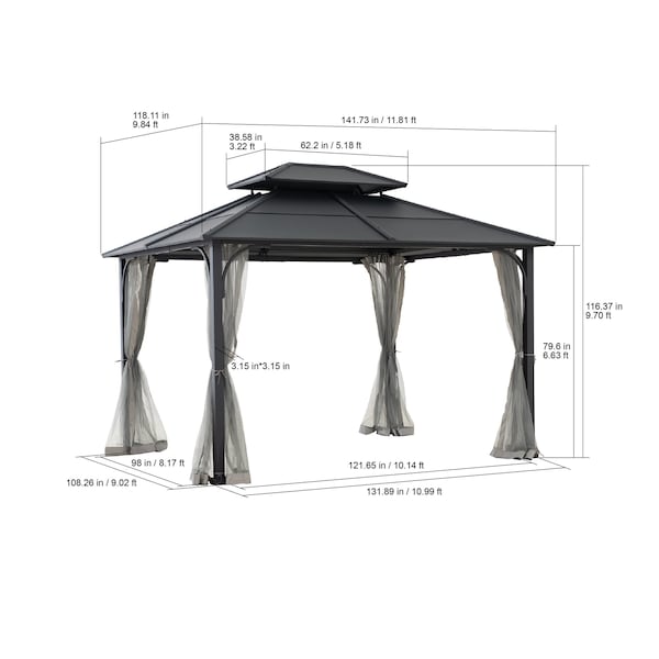 Sunjoy 10 ft. x 12 ft. Black and Grey Steel Gazebo with 2-tier Hip Roof Hardtop - A102009121