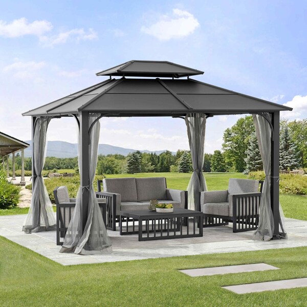 Sunjoy 10 ft. x 12 ft. Black and Grey Steel Gazebo with 2-tier Hip Roof Hardtop - A102009121
