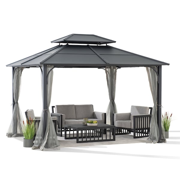 Sunjoy 10 ft. x 12 ft. Black and Grey Steel Gazebo with 2-tier Hip Roof Hardtop - A102009121