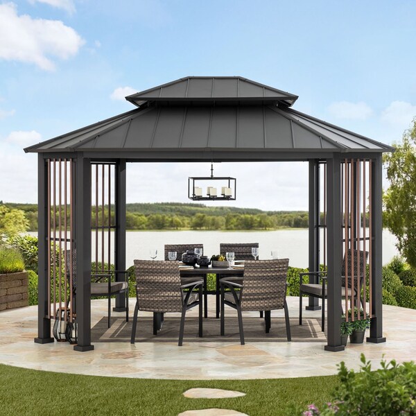 Sunjoy 11 ft. x 13 ft. Octagon Gazebo with Steel Roof and Ceiling Hook - A102018600