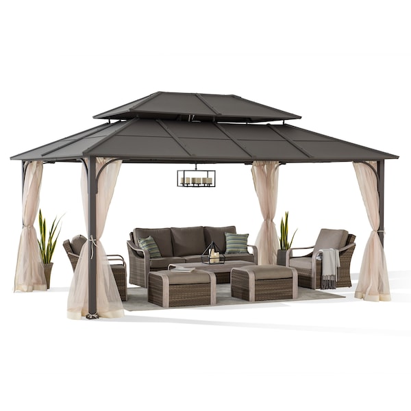 Sunjoy 12 ft. x 16 ft. Brown Steel Gazebo with 2-tier Hip Roof Hardtop - A102009140