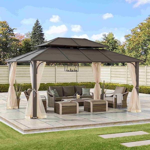 Sunjoy 12 ft. x 16 ft. Brown Steel Gazebo with 2-tier Hip Roof Hardtop - A102009140
