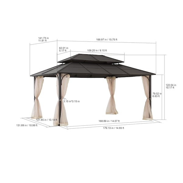 Sunjoy 12 ft. x 16 ft. Brown Steel Gazebo with 2-tier Hip Roof Hardtop - A102009140