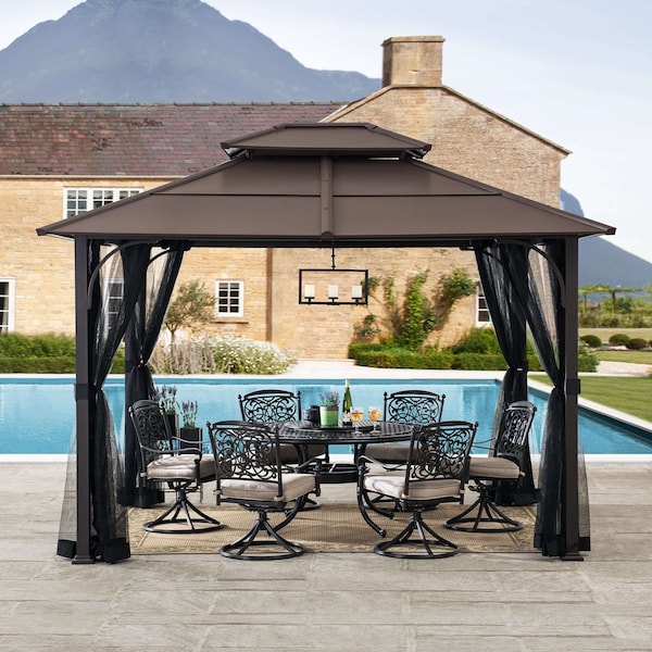 Sunjoy 10 ft. x 12 ft. Black and Brown Steel Gazebo with 2-tier Hip Roof Hardtop - A102009100