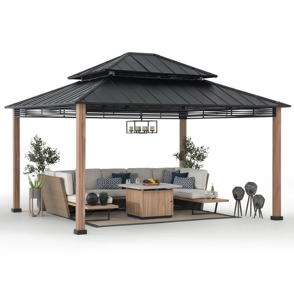 Sunjoy 13 ft. x 15 ft. 2-tier Large Modern Gazebo with Metal Wood Look Posts - A102012600
