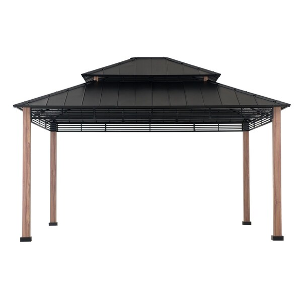 Sunjoy 13 ft. x 15 ft. 2-tier Large Modern Gazebo with Metal Wood Look Posts - A102012600