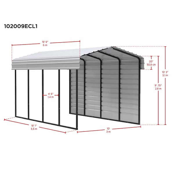 Arrow Storage Products Galvanized Steel Carport, W/ 1-Sided Enclosure, Compact Car Metal Carport Kit, 10'x20'x9', Eggshell - CPH102009ECL1