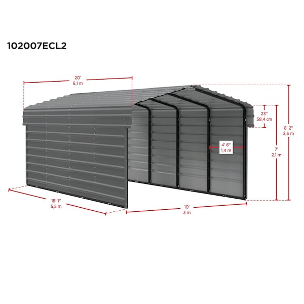 Arrow Storage Products Galvanized Steel Carport, W/ 2-Sided Enclosure, Compact Car Metal Carport Kit, 10'x20'x7', Eggshell - CPH102007ECL2