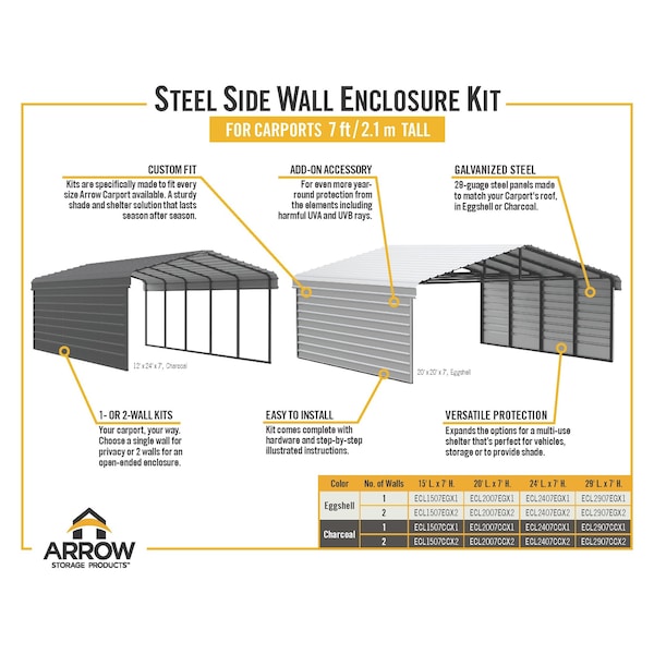 Arrow Storage Products Galvanized Steel Carport, W/ 2-Sided Enclosure, Compact Car Metal Carport Kit, 10'x20'x7', Eggshell - CPH102007ECL2