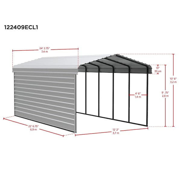 Arrow Storage Products Galvanized Steel Carport, W/ 1-Sided Enclosure, Compact Car Metal Carport Kit, 12'x24'x9', Charcoal - CPHC122409ECL1