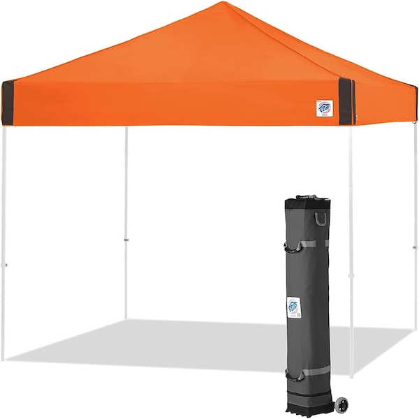E-Z Up Pyramid Shelter, 10' W x 10' L, White Steel Frame, Steel Orange Top - PR3WH10SO