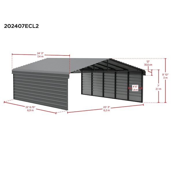 Arrow Storage Products Galvanized Steel Carport, W/ 2-Sided Enclosure, Compact Car Metal Carport Kit, 20'x24'x7', Charcoal - CPHC202407ECL2