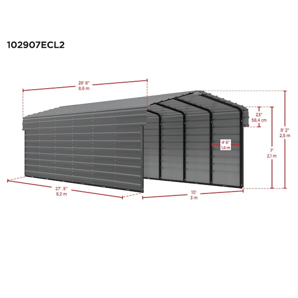 Arrow Storage Products Galvanized Steel Carport, W/ 2-Sided Enclosure, Compact Car Metal Carport Kit, 10'x29'x7', Eggshell - CPH102907ECL2