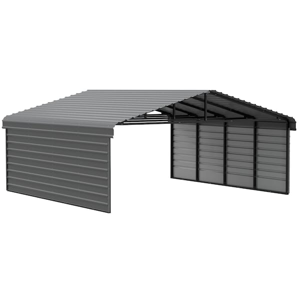 Arrow Storage Products Galvanized Steel Carport, W/ 2-Sided Enclosure, Compact Car Metal Carport Kit, 20'x20'x7', Charcoal - CPHC202007ECL2