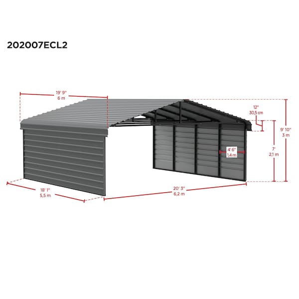 Arrow Storage Products Galvanized Steel Carport, W/ 2-Sided Enclosure, Compact Car Metal Carport Kit, 20'x20'x7', Charcoal - CPHC202007ECL2