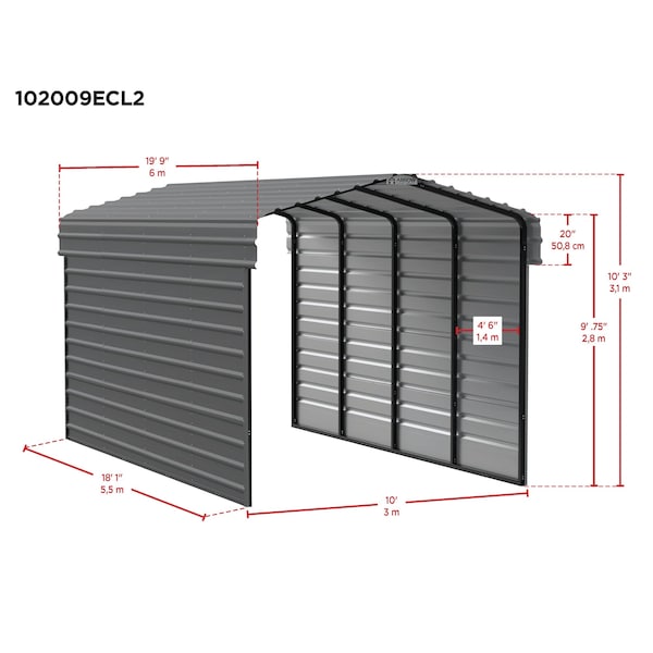 Arrow Storage Products Galvanized Steel Carport, W/ 2-Sided Enclosure, Compact Car Metal Carport Kit, 10'x20'x9', Eggshell - CPH102009ECL2