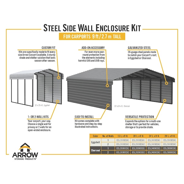 Arrow Storage Products Galvanized Steel Carport, W/ 2-Sided Enclosure, Compact Car Metal Carport Kit, 10'x20'x9', Eggshell - CPH102009ECL2