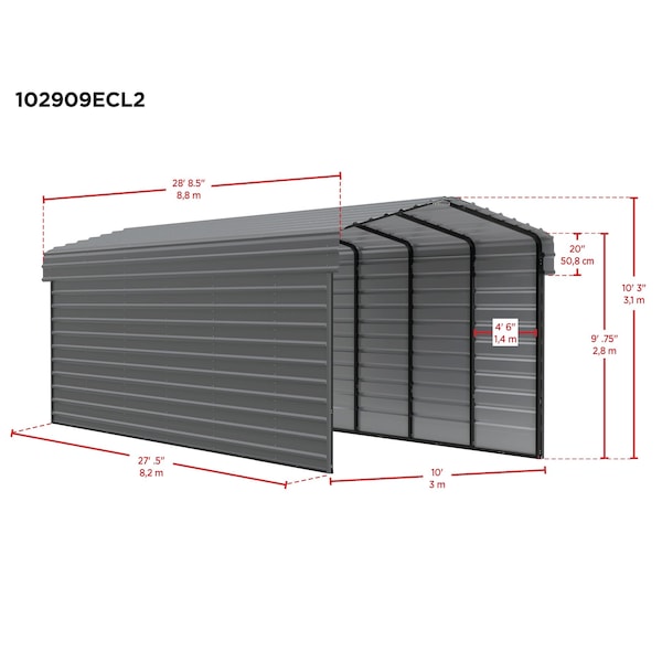 Arrow Storage Products Galvanized Steel Carport, W/ 2-Sided Enclosure, Compact Car Metal Carport Kit, 10'x29'x9', Charcoal - CPHC102909ECL2